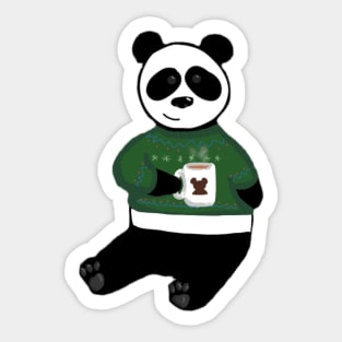 Panda drinking coffee in a christmas sweater Sticker